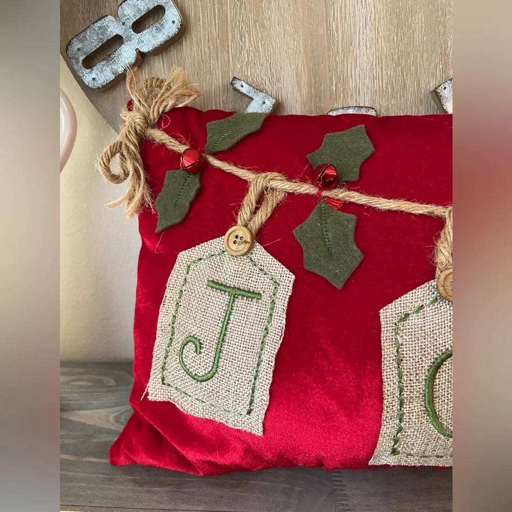 Vintage MCM Merry Joy Christmas Velvet Pillow Holiday Primitive Country Rustic